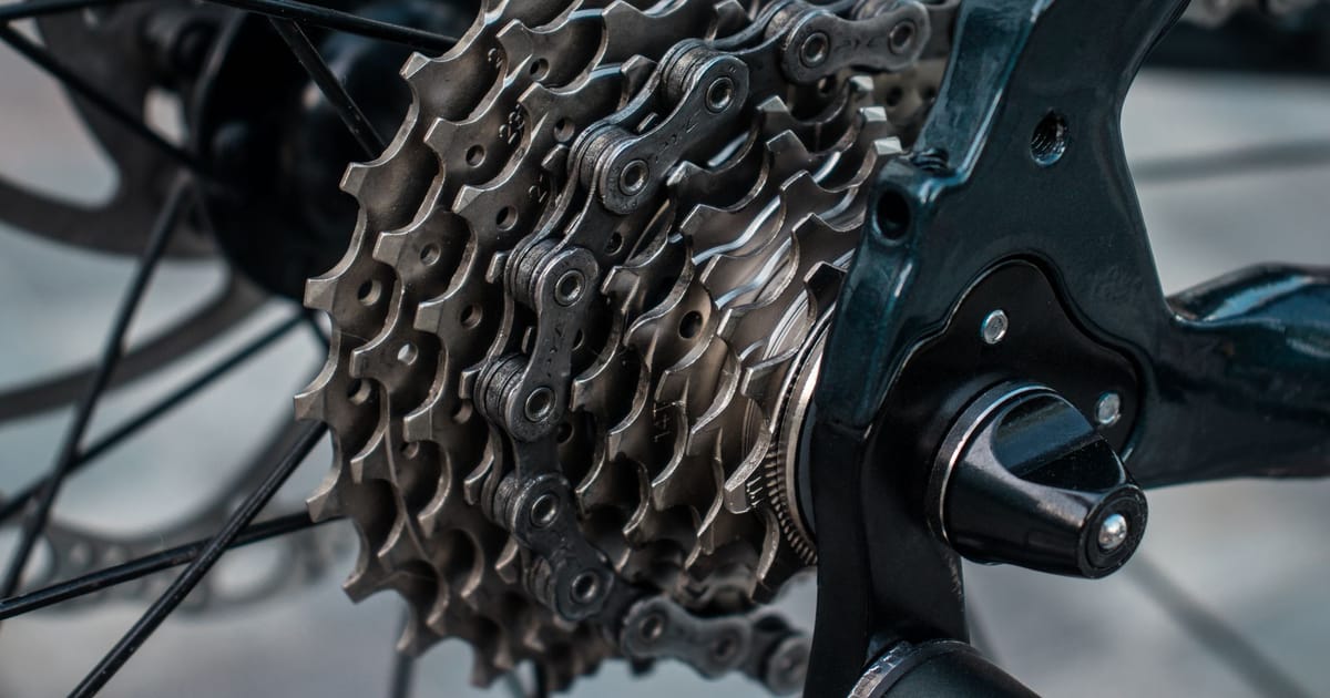 Close-up of a cassette and chain on a rear hub